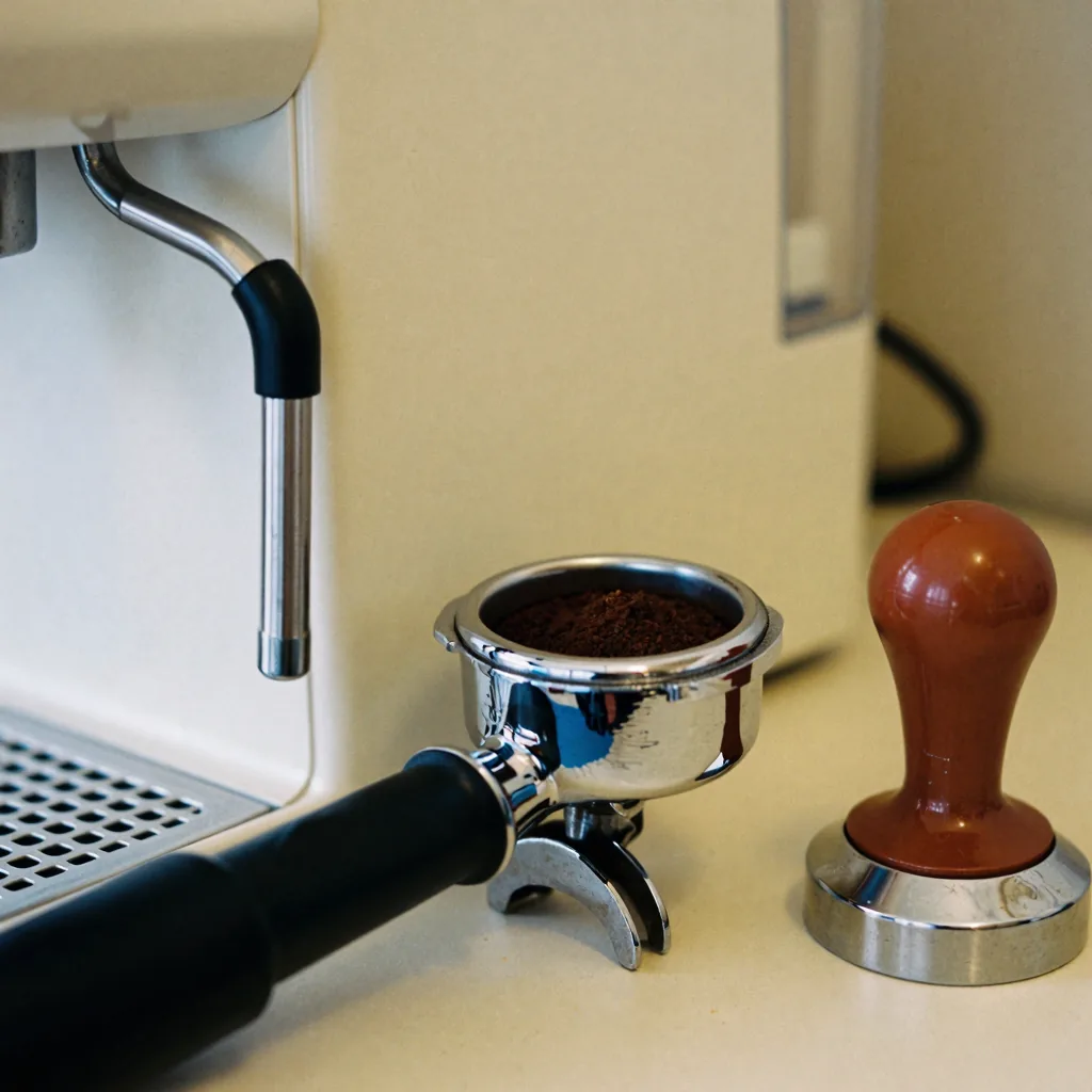 Kuvituskuva: espressokoneen suodatinkahva, tampperi ja jauhettua kahvia